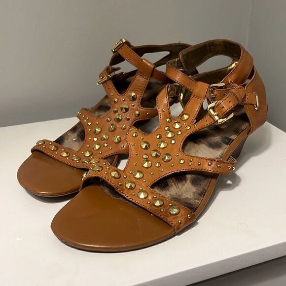 Guess Women's Brown Classic Studded Gold Gladiator Wedge Heel Sandals Size 8 M - Picture 6 of 11